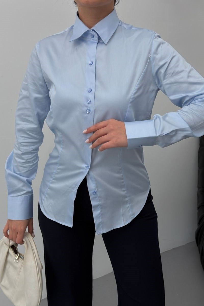 Kadın Gömlek %100 Pamuk Premium Saten Dokuma Uzun Kollu Düğmeli Kuplu Slim Fit Gömlek