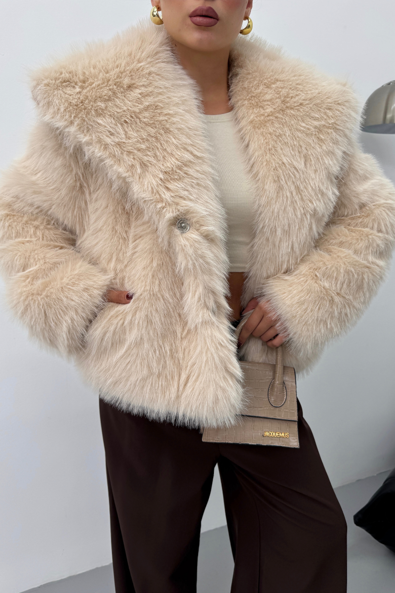 Kadın Kürk Şık Geniş Yaka Astarlı Çıtçıt Düğmeli Premium Kürk