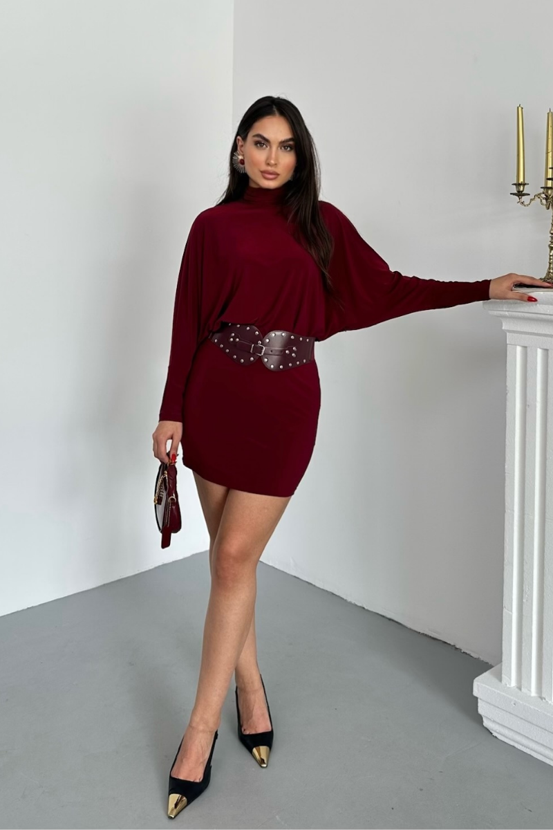 Kadın Elbise Mini Şık Kemerli Yarım Balıkçı Yaka Uzun Yarasa Kollu Dökümlü Sandy Elbise