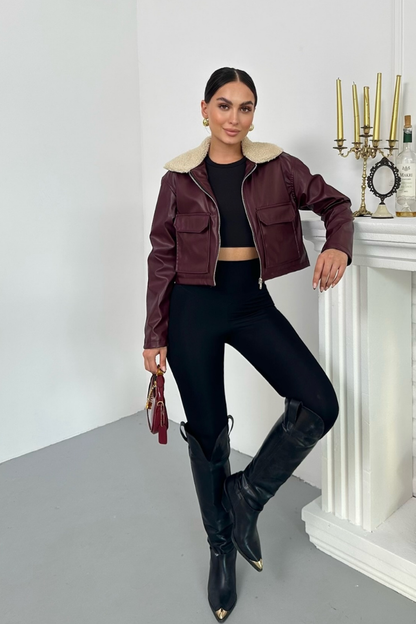 Kadın Crop Ceket Suni Deri Yakası Kürklü Fermuarlı Çift Cepli Kısa Deri Mont