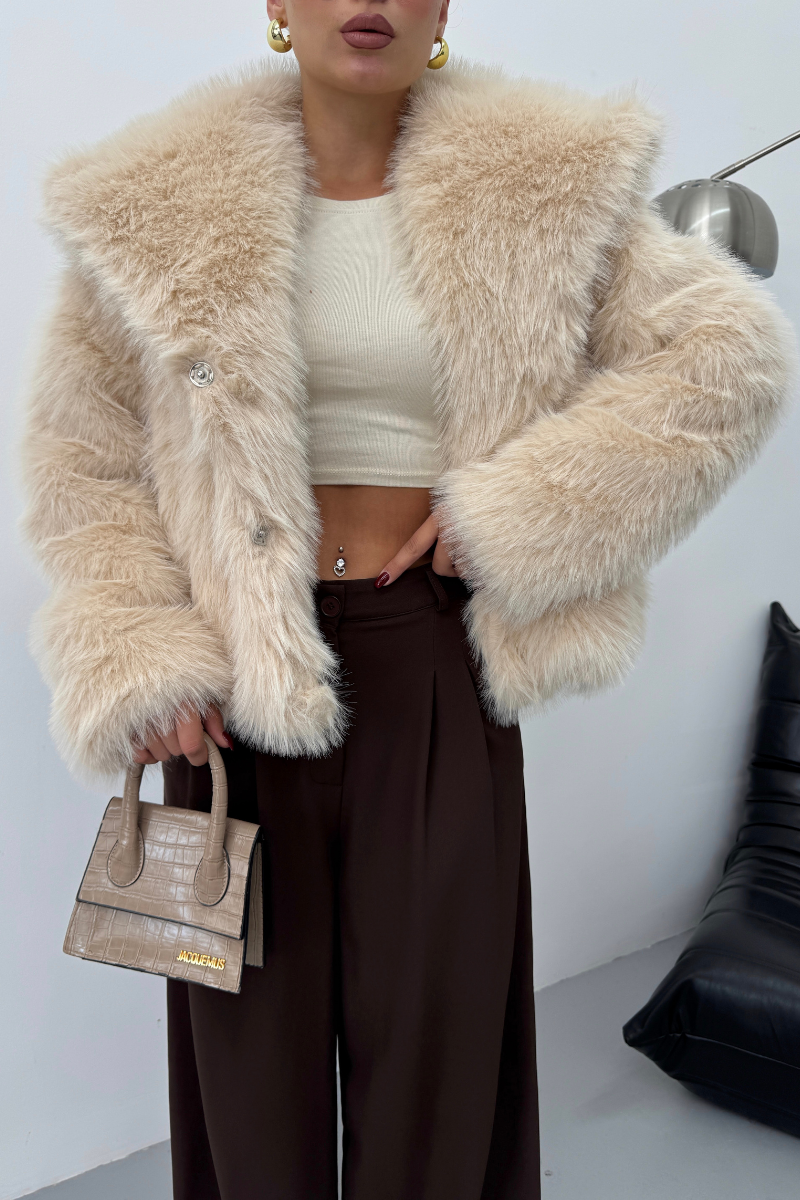 Kadın Kürk Şık Geniş Yaka Astarlı Çıtçıt Düğmeli Premium Kürk