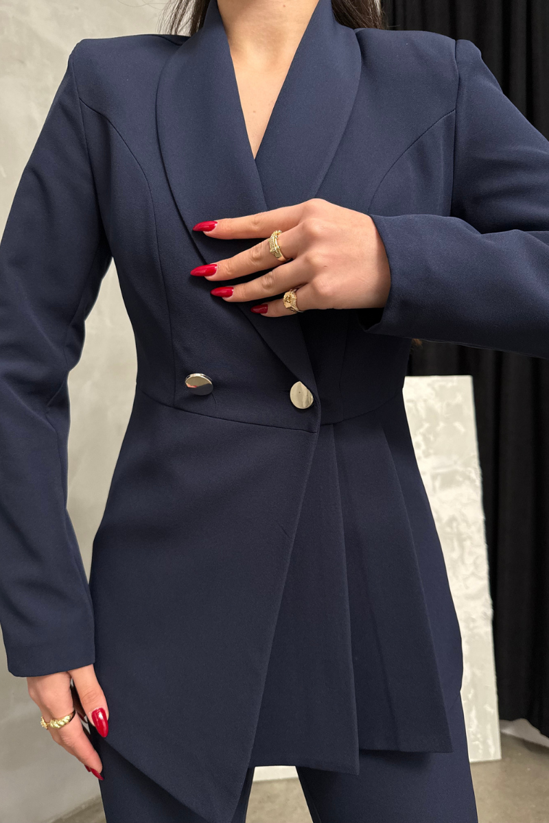 Kadın İkili Blazer Ceket Pantolon Takım Pile ve Düğme Detaylı Boru Paça