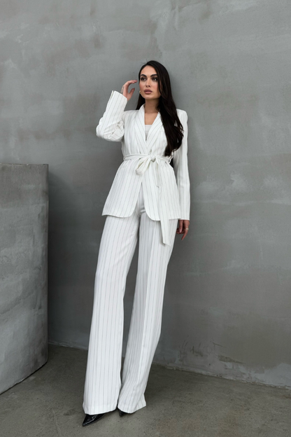 Kadın Çizgili Kuşaklı Blazer Ceket Pantolon Takım