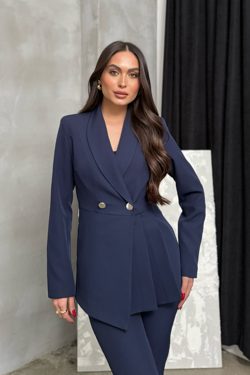 Kadın İkili Blazer Ceket Pantolon Takım Pile ve Düğme Detaylı Boru Paça