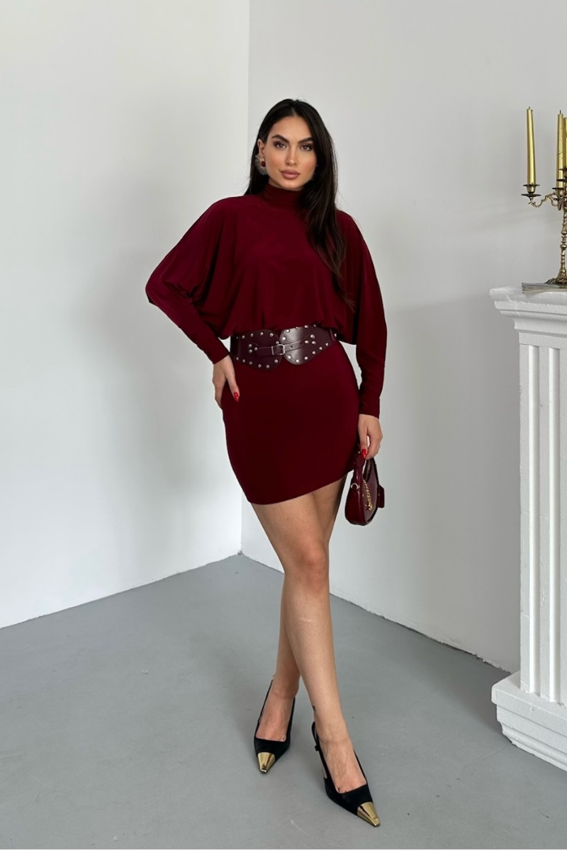 Kadın Elbise Mini Şık Kemerli Yarım Balıkçı Yaka Uzun Yarasa Kollu Dökümlü Sandy Elbise
