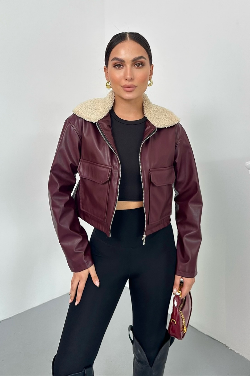 Kadın Crop Ceket Suni Deri Yakası Kürklü Fermuarlı Çift Cepli Kısa Deri Mont
