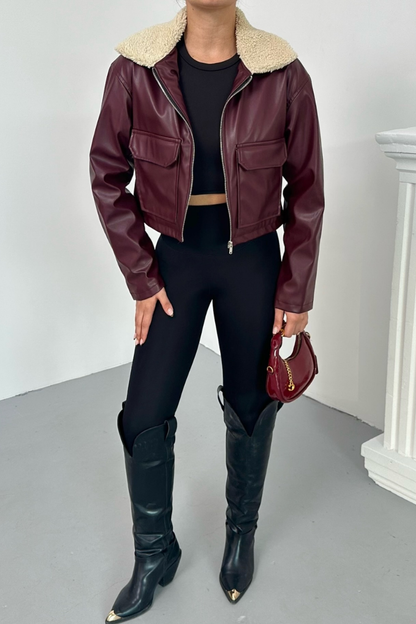 Kadın Crop Ceket Suni Deri Yakası Kürklü Fermuarlı Çift Cepli Kısa Deri Mont