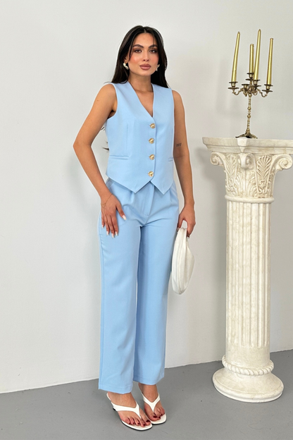 Kadın Alt Üst Takım Şık Gold Düğme Detaylı V Yaka Yelek Pantolon Takım