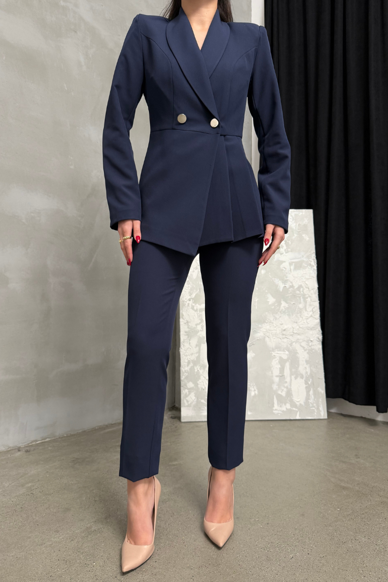 Kadın İkili Blazer Ceket Pantolon Takım Pile ve Düğme Detaylı Boru Paça