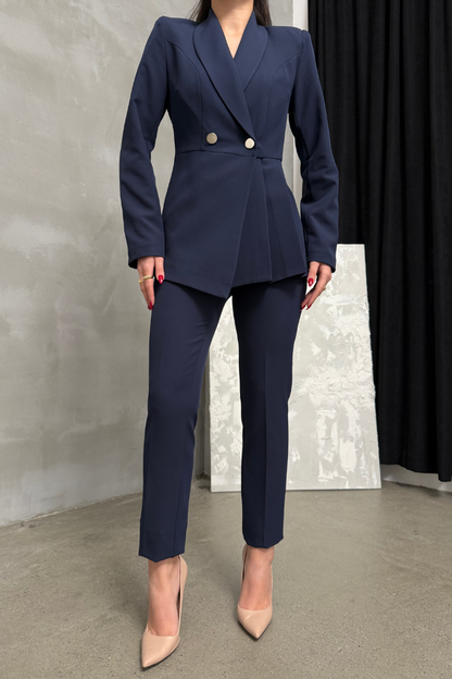 Kadın İkili Blazer Ceket Pantolon Takım Pile ve Düğme Detaylı Boru Paça