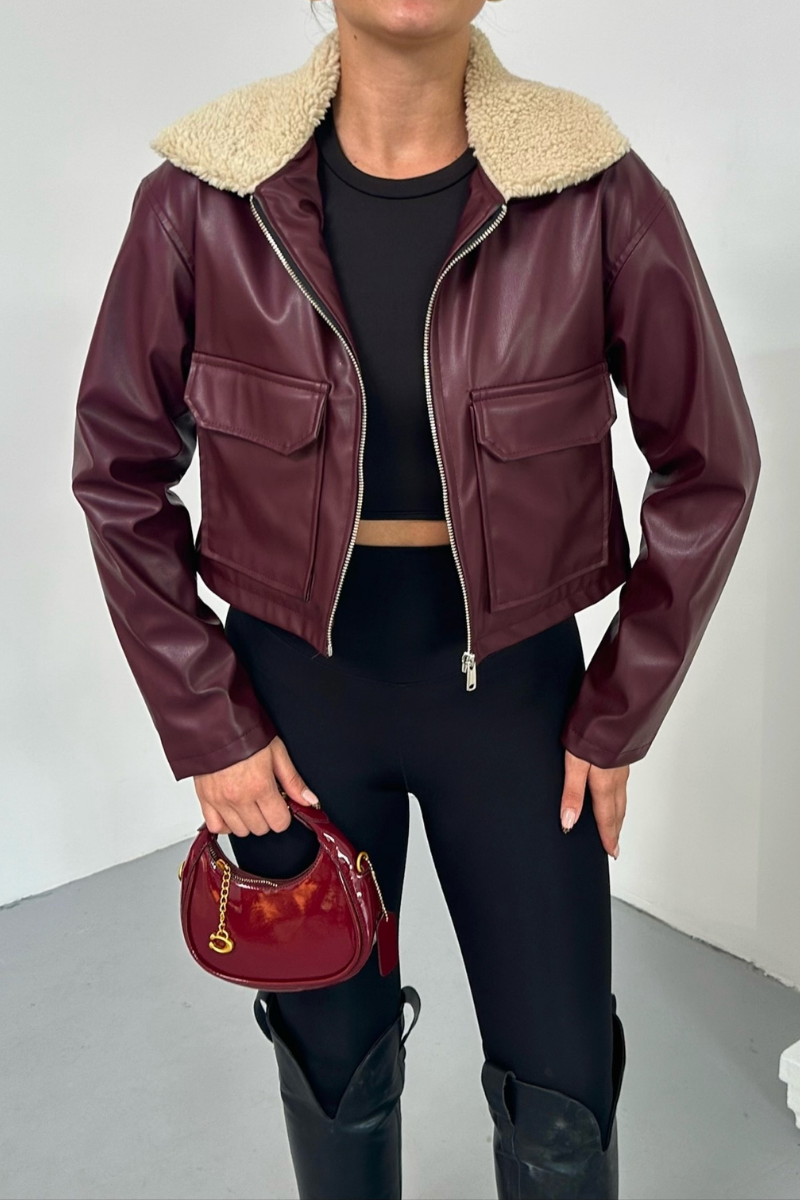 Kadın Crop Ceket Suni Deri Yakası Kürklü Fermuarlı Çift Cepli Kısa Deri Mont