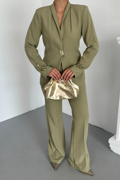 Kadın İkili Takım Şık Düğme Detaylı Dik Yaka Blazer Ceket Bol Paça Pantolon Takım