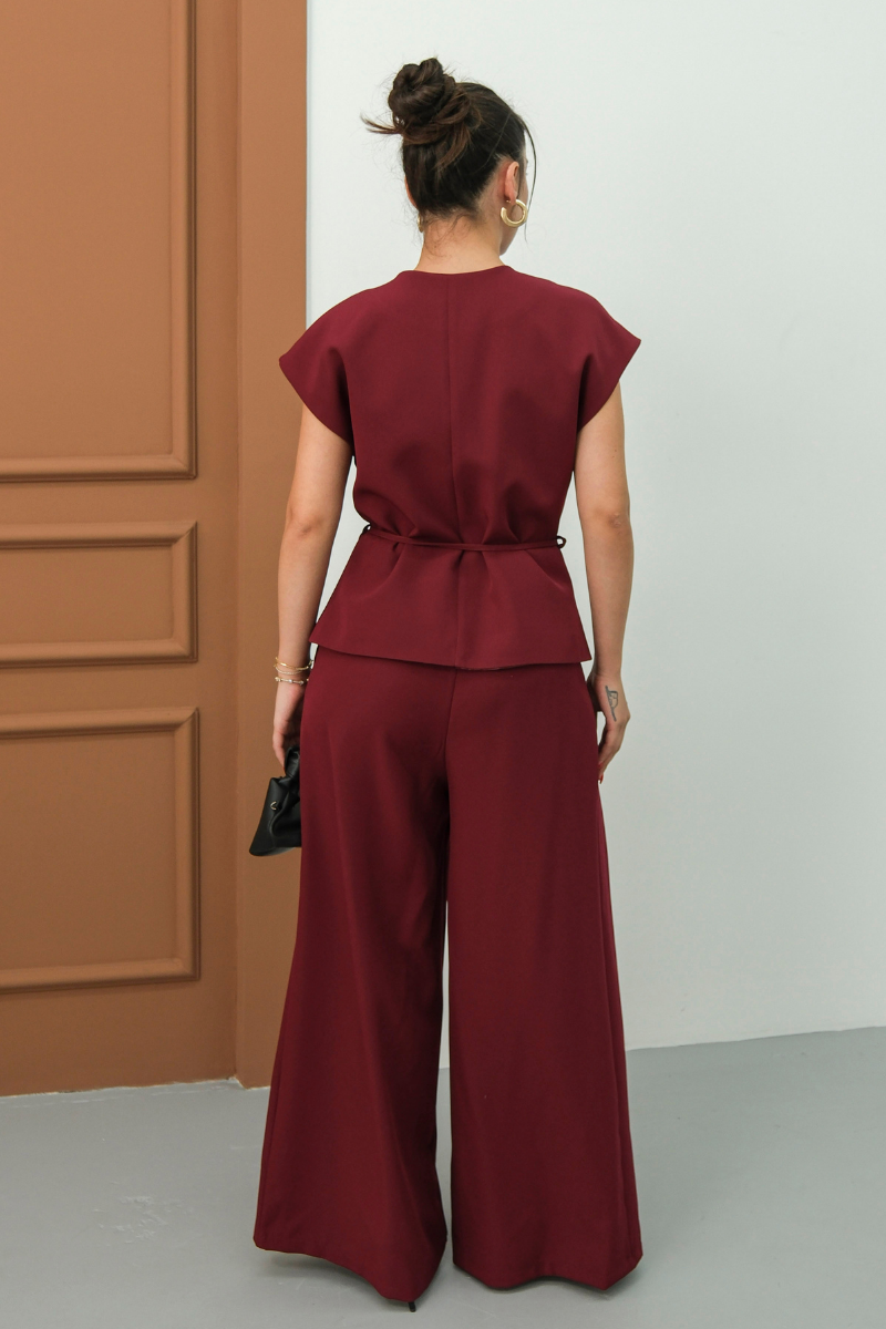 Kadın İkili Alt Üst Takım Bağcıklı Bol Kesim Dökümlü Yazlık Kısa Kollu Kimono Ceket Palazzo Pantolon