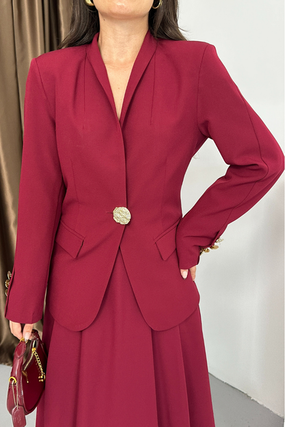 Kadın İkili Takım Şık Düğme Detaylı Dik Yaka Blazer Ceket Uzun Etek Takım