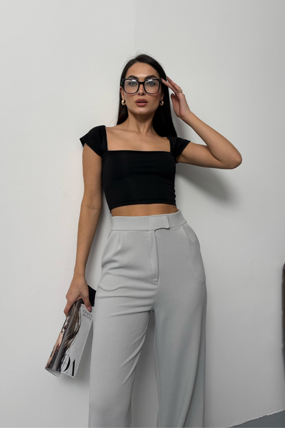 Kadın Crop Tişört Kısa Kollu Kare Yaka Basic Tişört