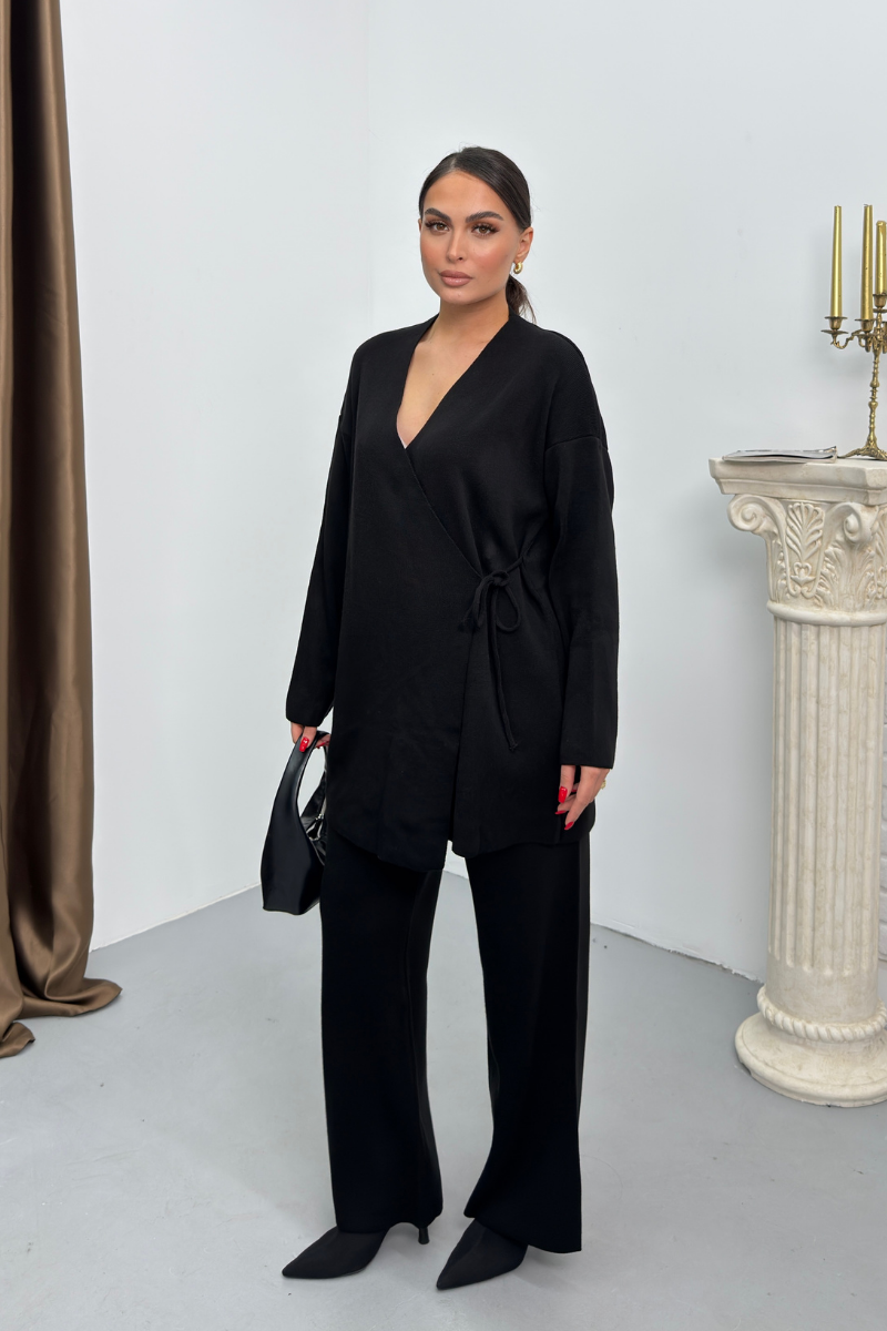 Kadın İkili Alt Üst Takım Triko Yandan Bağcıklı Kruvaze Hırka Bol Paça Pantolon Örme Takım