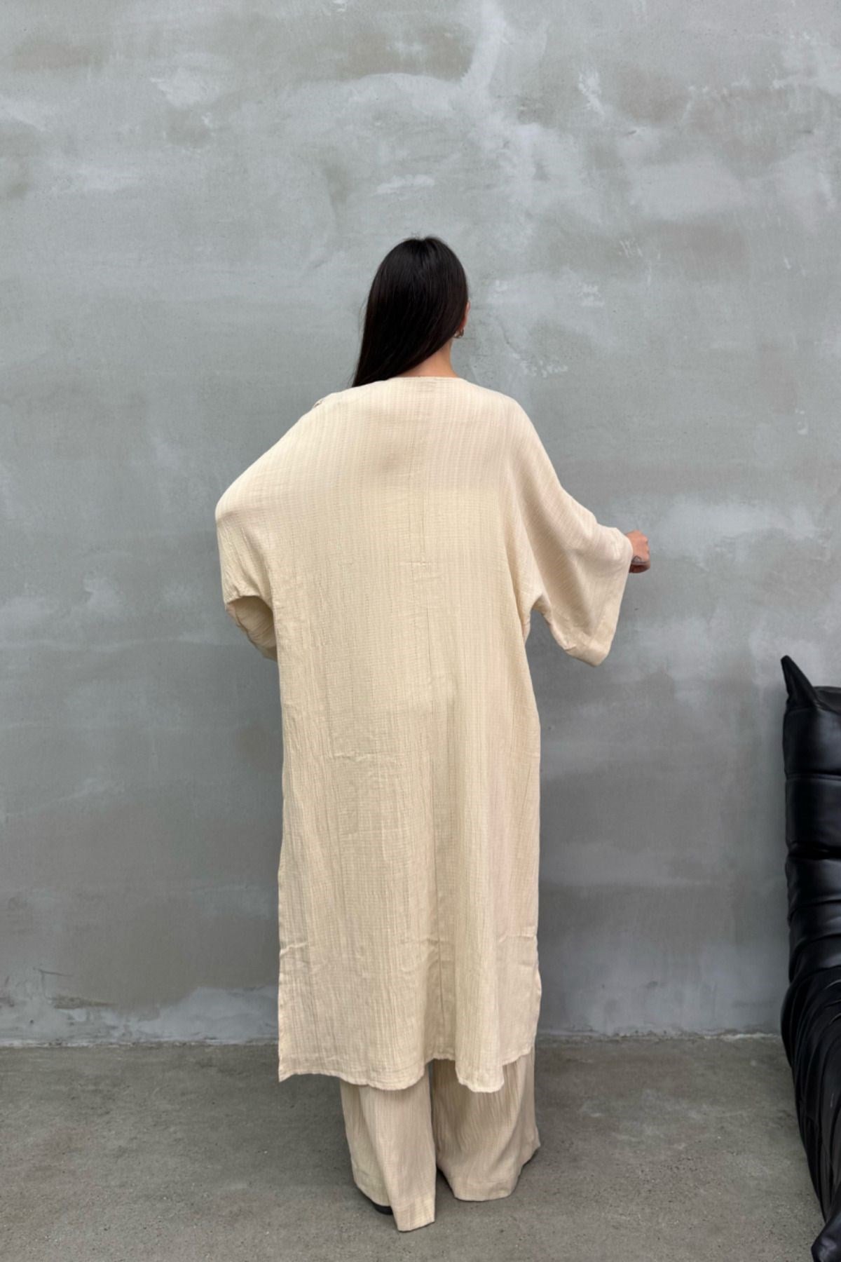 Kadın Yırtmaçlı Gofre Ikili Kimono Takım