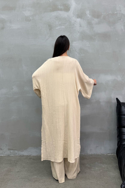 Kadın Yırtmaçlı Gofre Ikili Kimono Takım