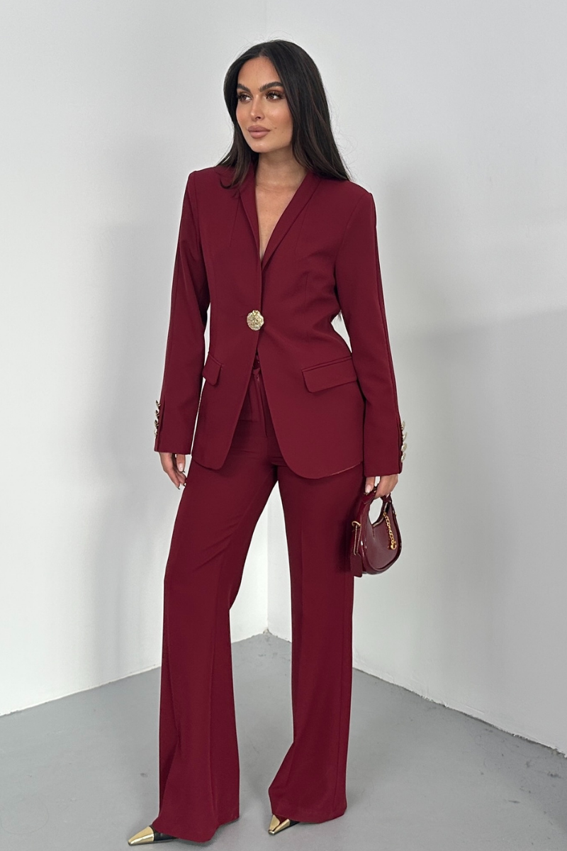 Kadın İkili Takım Şık Düğme Detaylı Dik Yaka Blazer Ceket Bol Paça Pantolon Takım