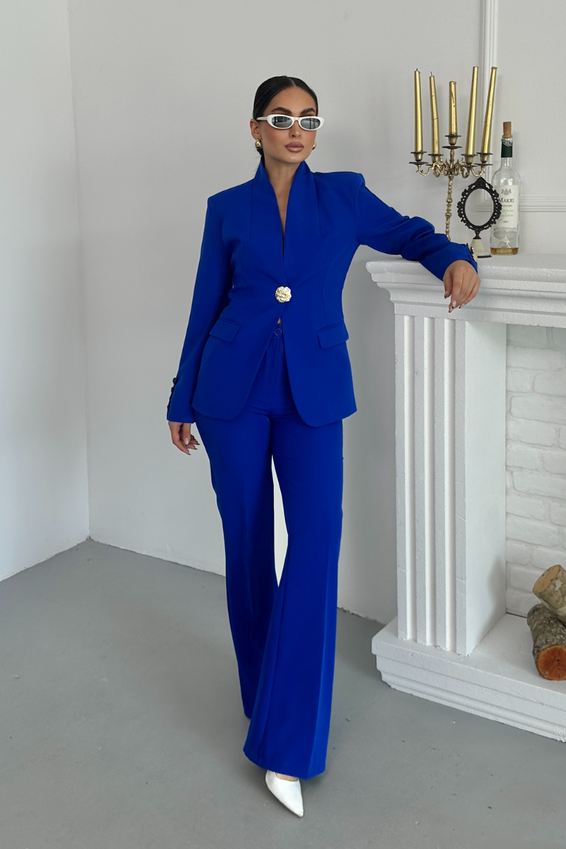 Kadın İkili Takım Şık Düğme Detaylı Dik Yaka Blazer Ceket Bol Paça Pantolon Takım