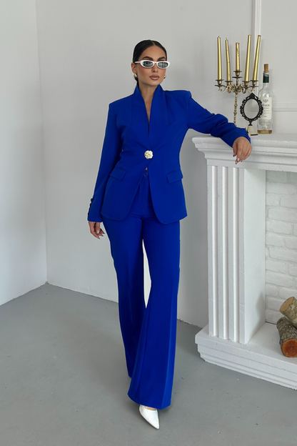 Kadın İkili Takım Şık Düğme Detaylı Dik Yaka Blazer Ceket Bol Paça Pantolon Takım