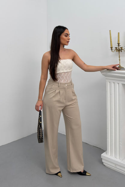 Kadın Pantolon Beli Bağcıklı Pile Detaylı Çift Cepli Bol Paça Pantolon