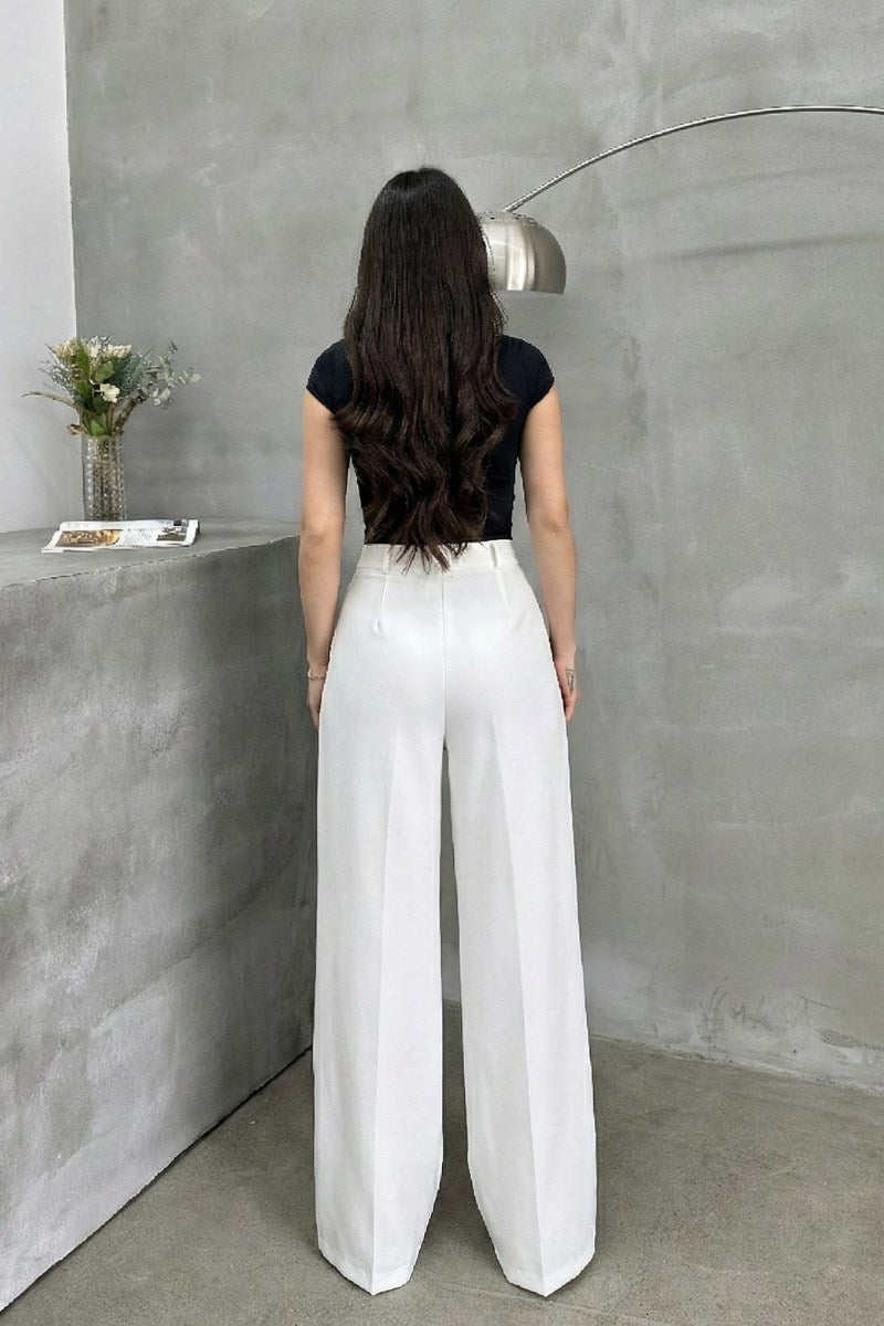 Kadın Palazzo Pantolon Düğmeli Çift Cepli Bol Paça Pantolon