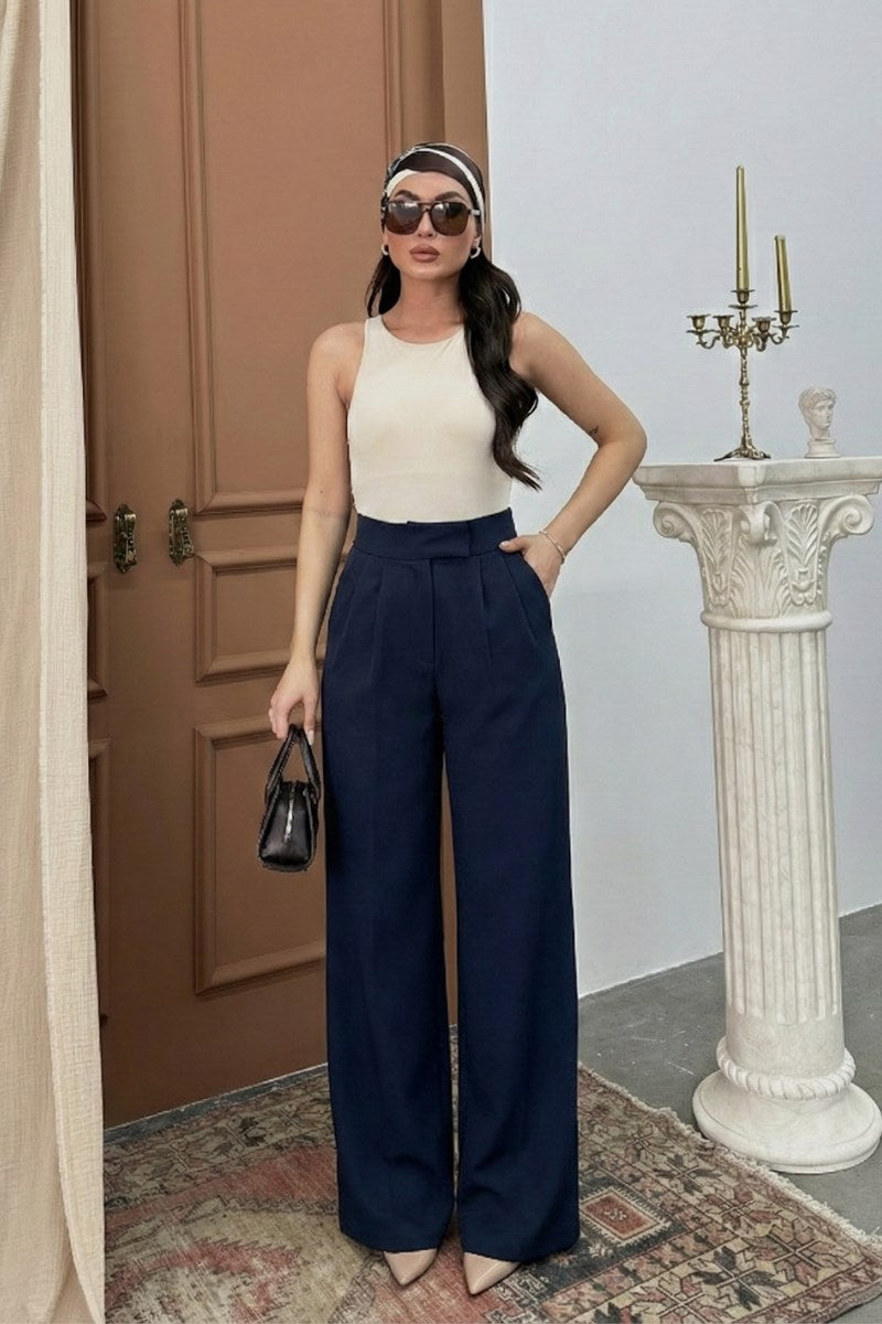 Kadın Palazzo Pantolon Beli Cırtlı Çift Cepli Bol Paça Pantolon