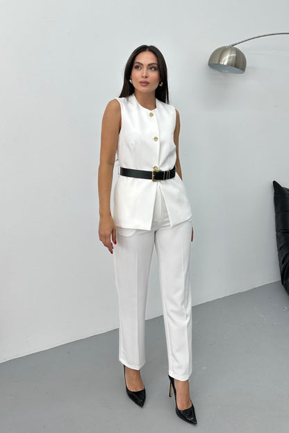 Kadın İkili Alt Üst Takım Şık Kemerli Düğme Detaylı Bisiklet Yaka Regular Yelek Pantolon Takım BEYAZ
