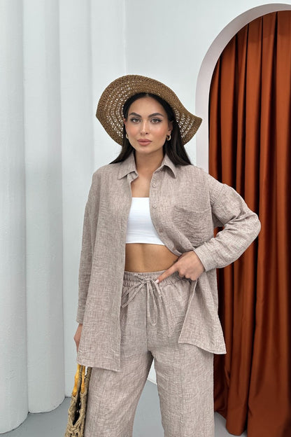 Kadın Alt Üst Takım Yazlık Keten Cep Detaylı Pantolon Gömlek İkili Takım