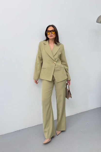 Kadın İkili Alt Üst Takım Şık Gold Düğmeli Fleto Cepli Blazer Ceket Bol Paça Pantolon Takım