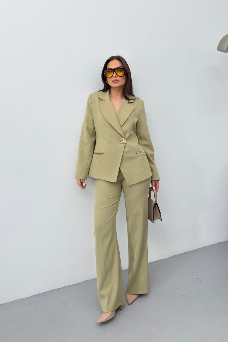 Kadın İkili Alt Üst Takım Şık Gold Düğmeli Fleto Cepli Blazer Ceket Bol Paça Pantolon Takım