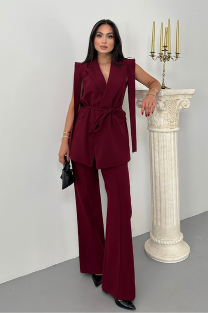 Kadın Alt Üst İkili Takım Omuz Detaylı Kuşaklı Yelek Pantolon Takım