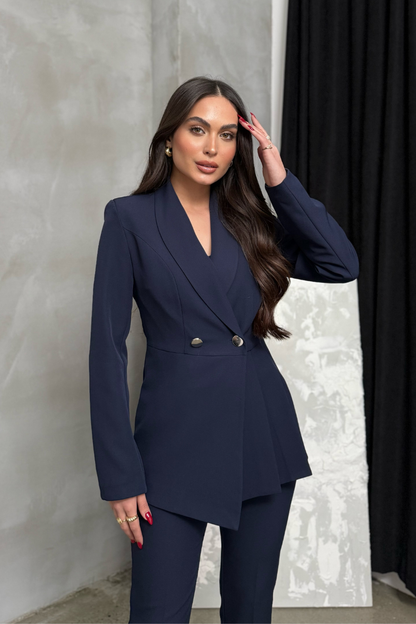 Kadın İkili Blazer Ceket Pantolon Takım Pile ve Düğme Detaylı Boru Paça