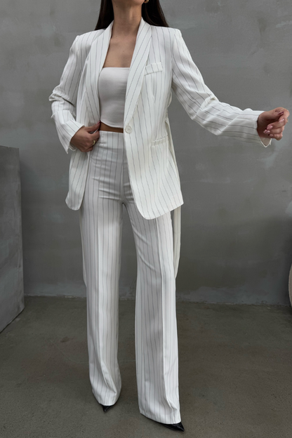 Kadın Çizgili Kuşaklı Blazer Ceket Pantolon Takım