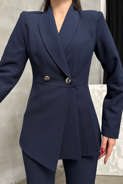 Kadın İkili Blazer Ceket Pantolon Takım Pile ve Düğme Detaylı Boru Paça