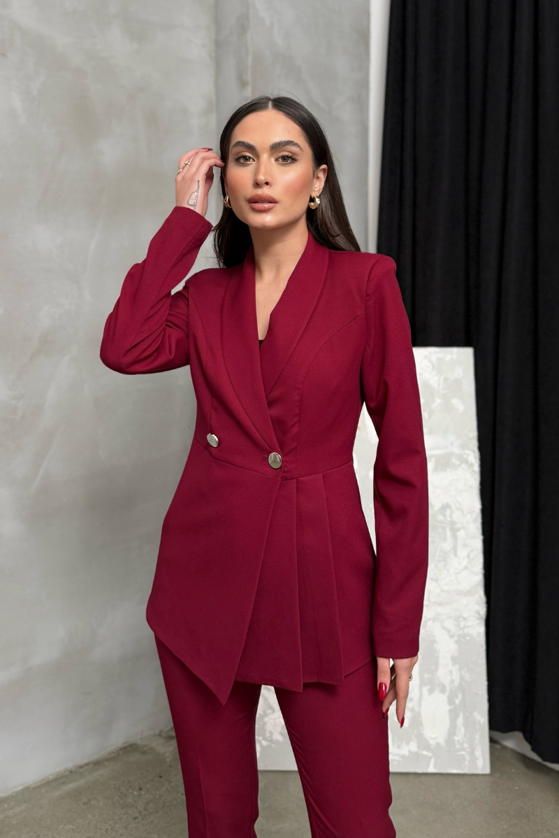 Kadın İkili Blazer Ceket Pantolon Takım Pile ve Düğme Detaylı Boru Paça