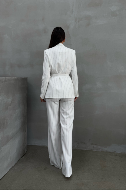 Kadın Çizgili Kuşaklı Blazer Ceket Pantolon Takım