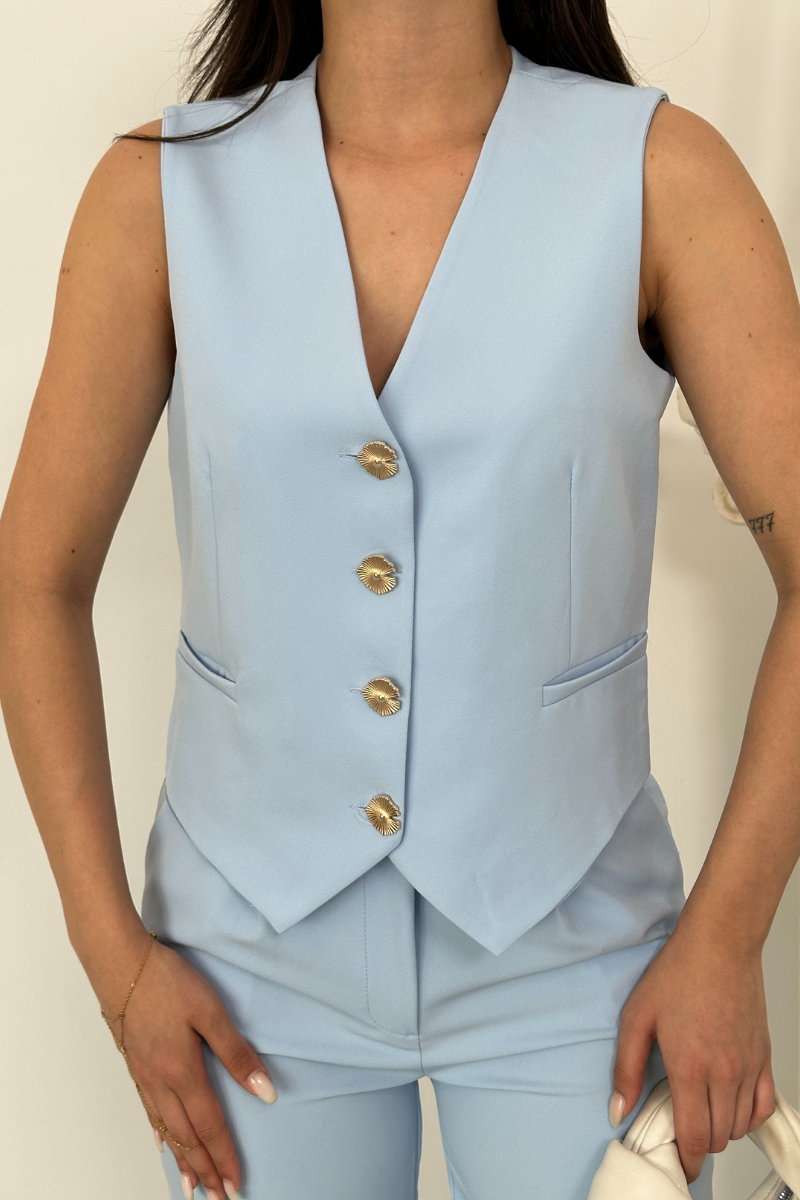 Kadın Alt Üst Takım Şık Gold Düğme Detaylı V Yaka Yelek Pantolon Takım