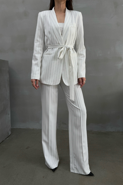 Kadın Çizgili Kuşaklı Blazer Ceket Pantolon Takım