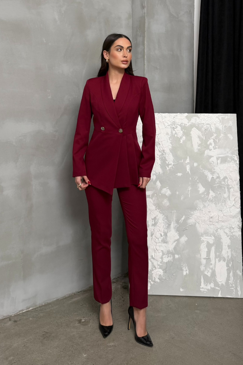 Kadın İkili Blazer Ceket Pantolon Takım Pile ve Düğme Detaylı Boru Paça