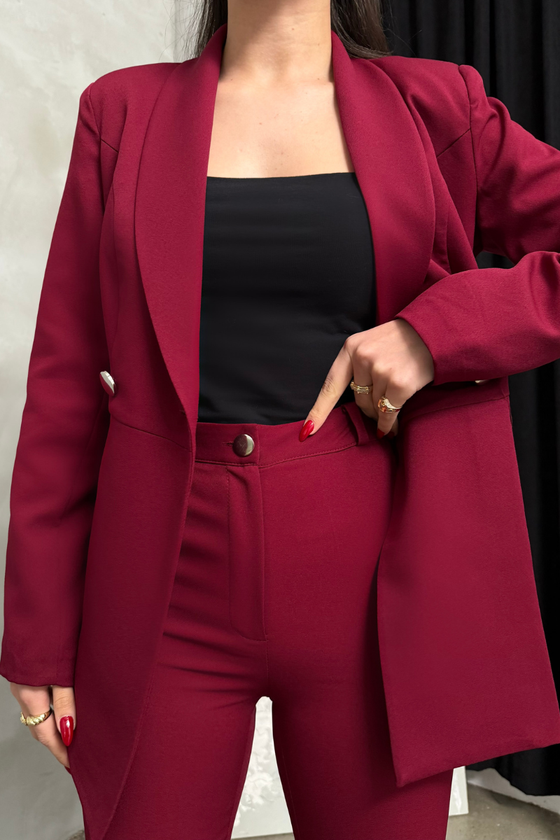 Kadın İkili Blazer Ceket Pantolon Takım Pile ve Düğme Detaylı Boru Paça