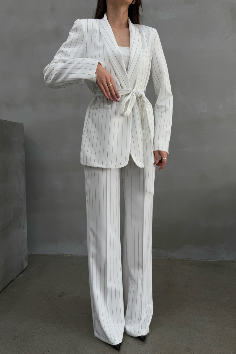 Kadın Çizgili Kuşaklı Blazer Ceket Pantolon Takım