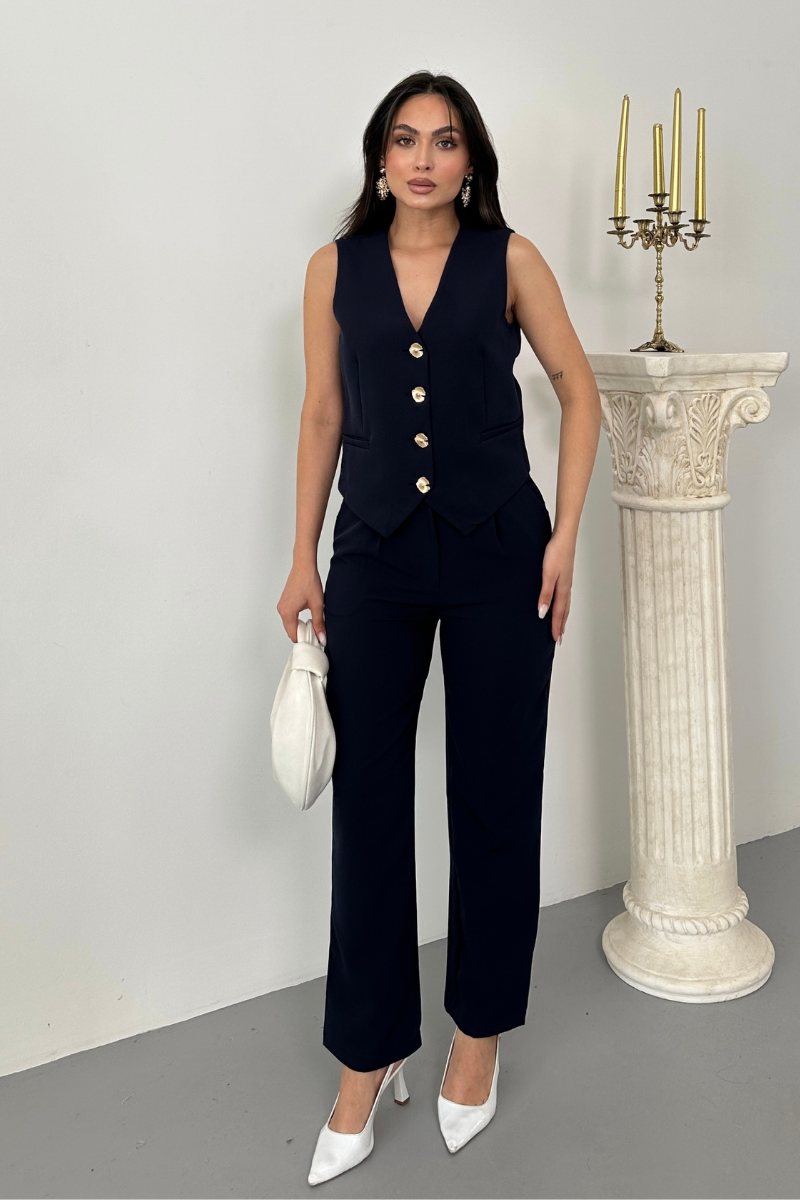 Kadın Alt Üst Takım Şık Gold Düğme Detaylı V Yaka Yelek Pantolon Takım