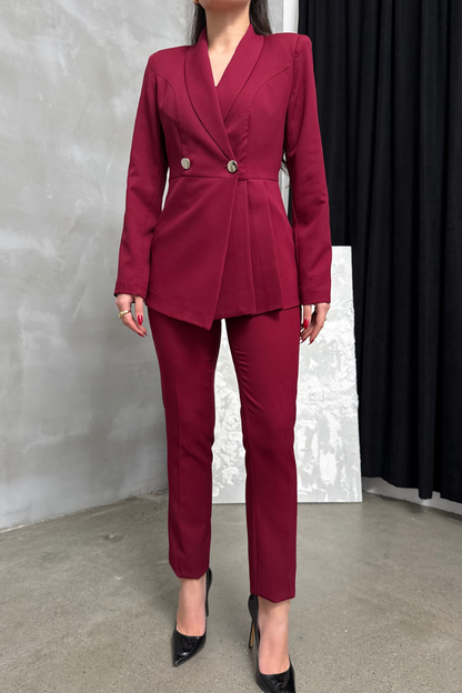 Kadın İkili Blazer Ceket Pantolon Takım Pile ve Düğme Detaylı Boru Paça