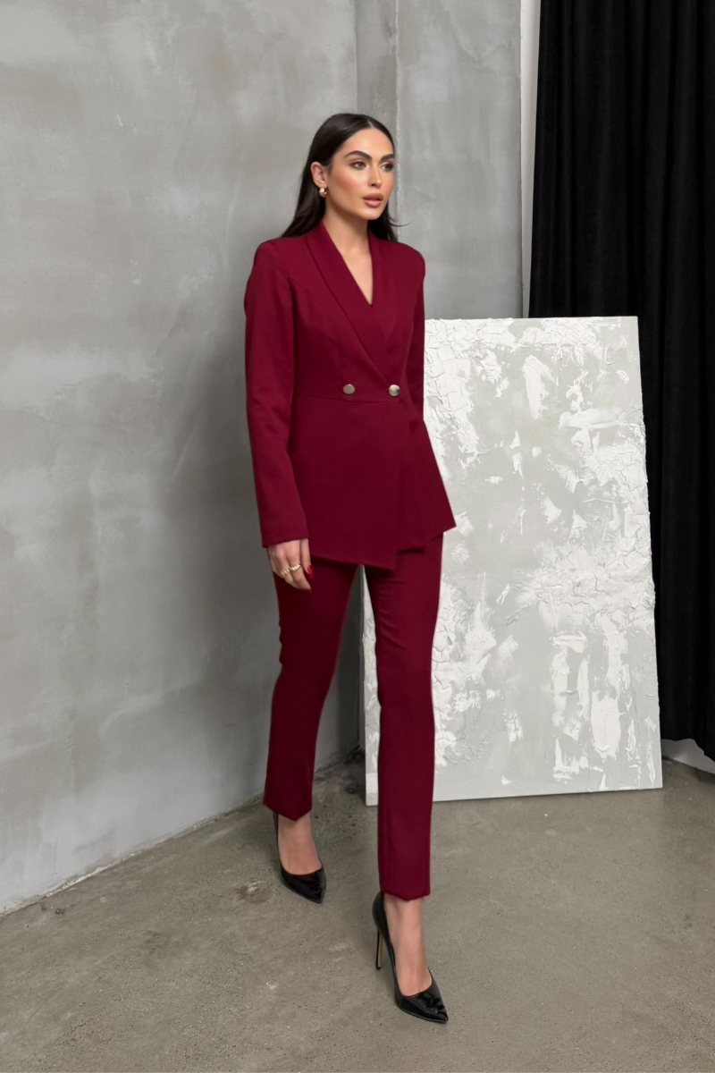 Kadın İkili Blazer Ceket Pantolon Takım Pile ve Düğme Detaylı Boru Paça