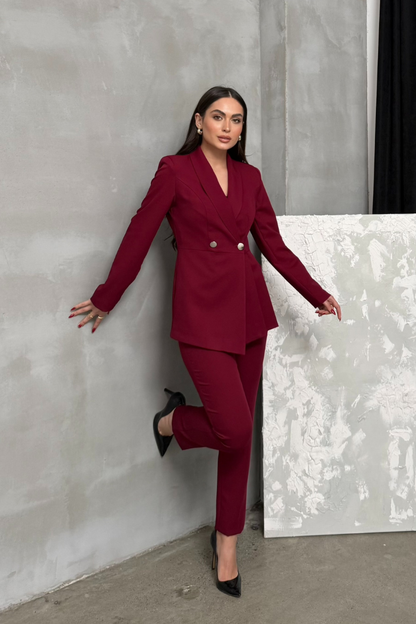 Kadın İkili Blazer Ceket Pantolon Takım Pile ve Düğme Detaylı Boru Paça