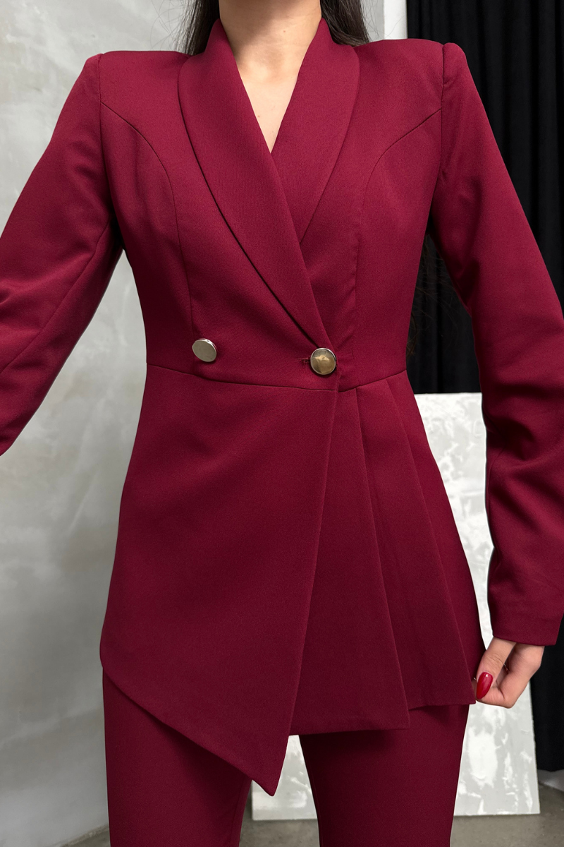 Kadın İkili Blazer Ceket Pantolon Takım Pile ve Düğme Detaylı Boru Paça