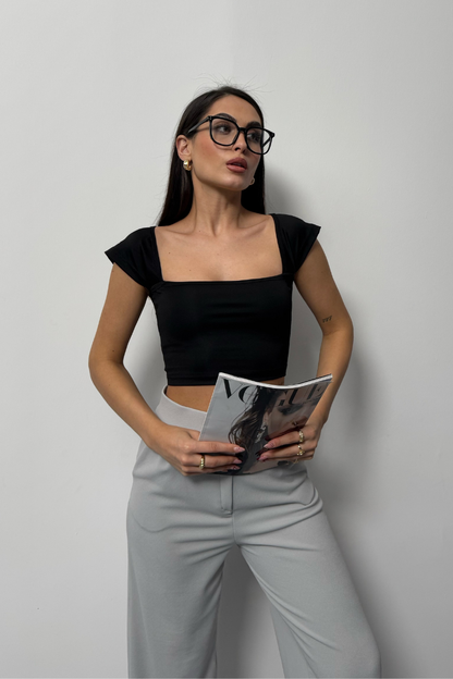 Kadın Crop Tişört Kısa Kollu Kare Yaka Basic Tişört