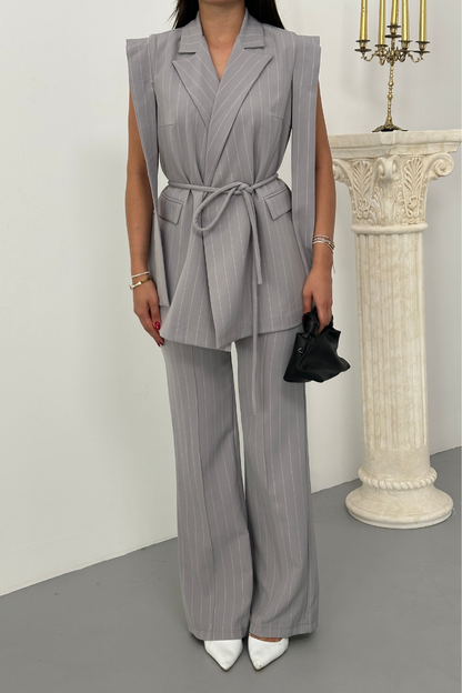 Kadın Alt Üst İkili Takım Çizgili Omuz Detaylı Kuşaklı Yelek Pantolon Takım